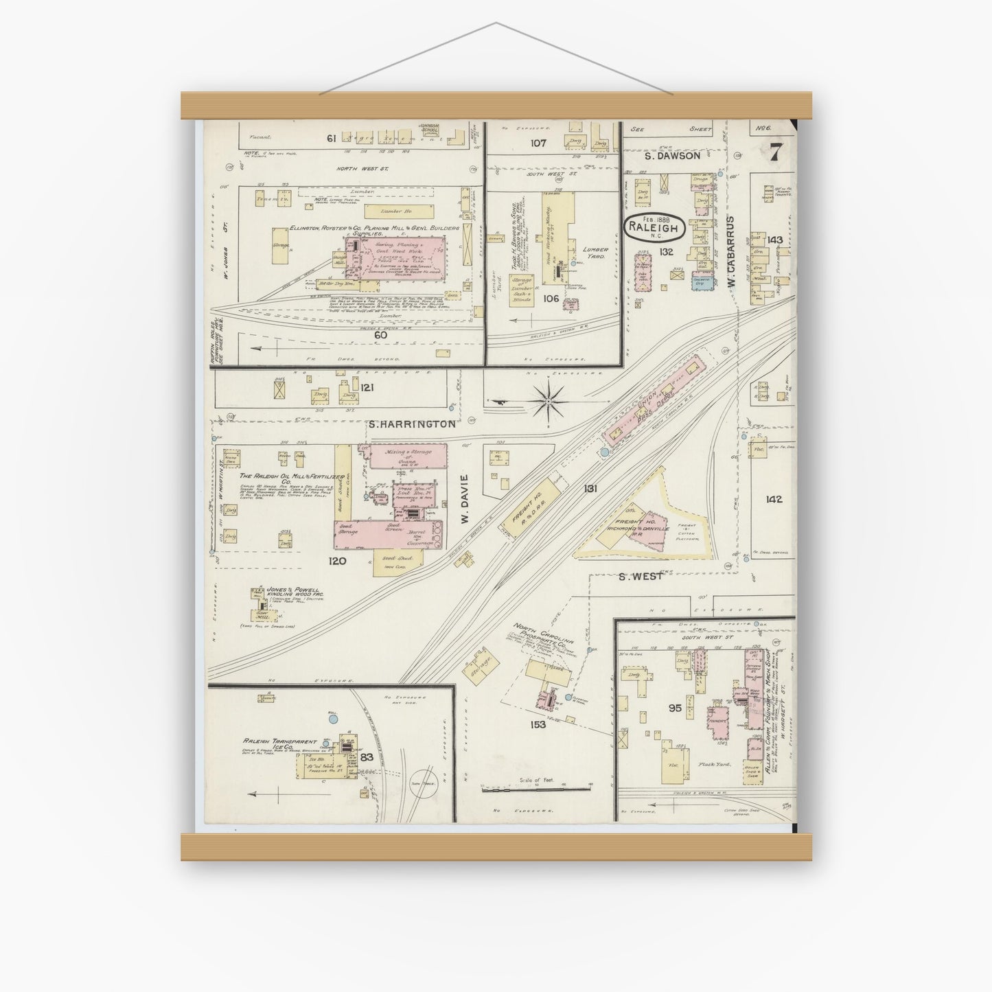 Old map wall art mockup — magnetic wood frame on white wall — Sanborn Fire Insurance Map from Raleigh, Wake County, North Carolina (1888), Sheet #0007