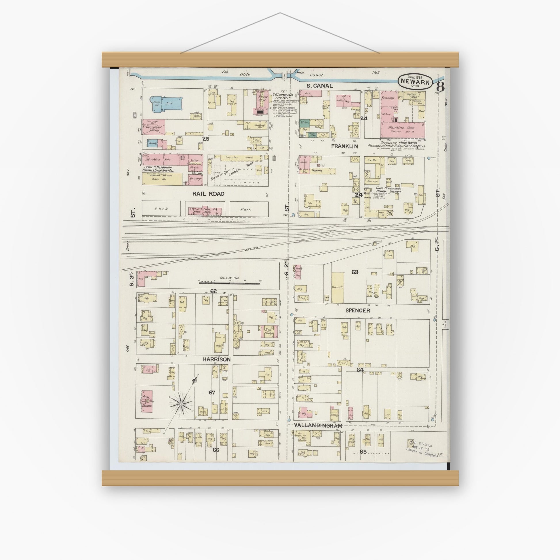 Old map wall art mockup — magnetic wood frame on white wall — Sanborn Fire Insurance Map from Newark, Licking County, Ohio (1889), Sheet #0008