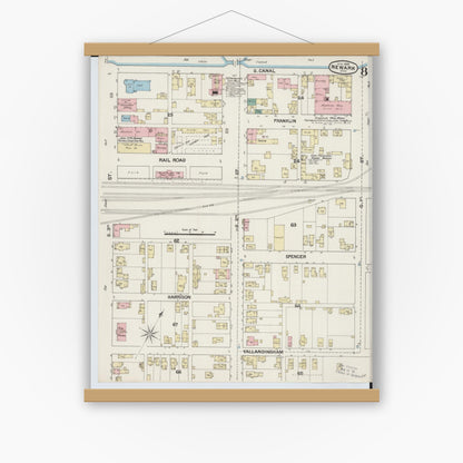 Old map wall art mockup — magnetic wood frame on white wall — Sanborn Fire Insurance Map from Newark, Licking County, Ohio (1889), Sheet #0008