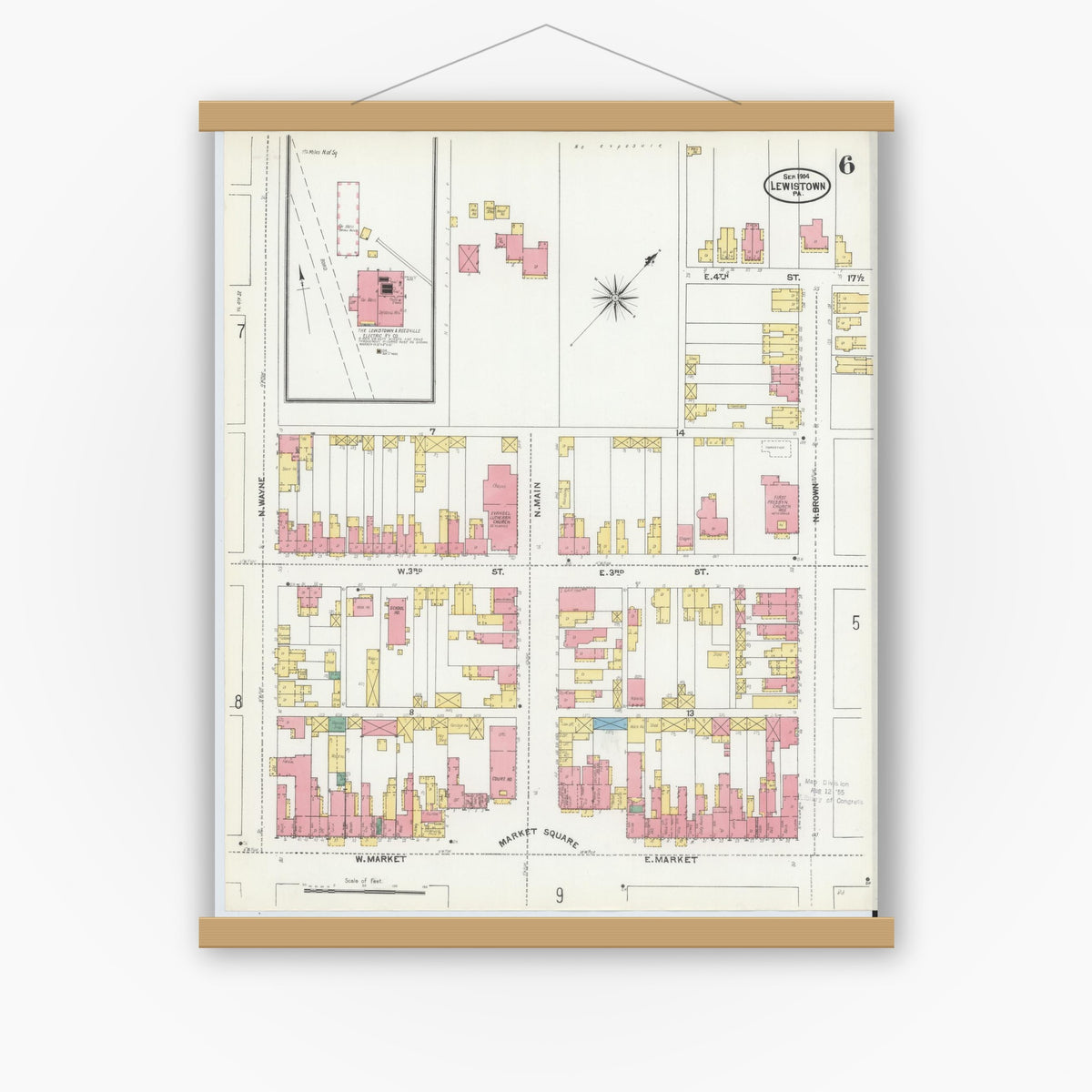 Old map wall art mockup — magnetic wood frame on white wall — Sanborn Fire Insurance Map from Lewistown, Mifflin County, Pennsylvania (1904), Sheet #0006