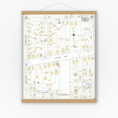 Old map wall art mockup — magnetic wood frame on white wall — Sanborn Fire Insurance Map from Sturgis, Saint Joseph County, Michigan (1923), Sheet #0005