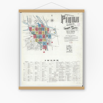 Old map wall art mockup — magnetic wood frame on white wall — Sanborn Fire Insurance Map from Piqua, Miami County, Ohio (1905) - Complete Map Set