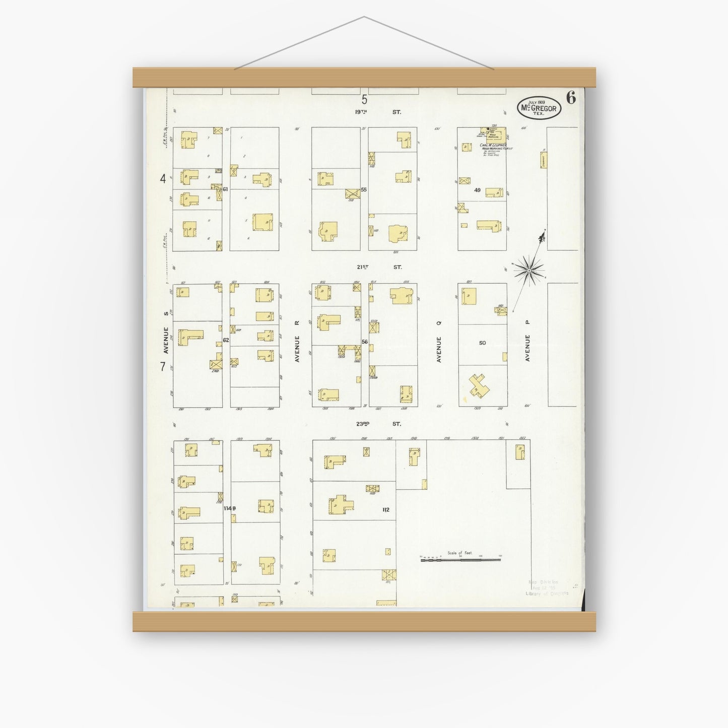 Old map wall art mockup — magnetic wood frame on white wall — Sanborn Fire Insurance Map from McGregor, McLennan County, Texas (1909), Sheet #0006