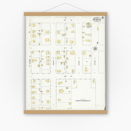 Old map wall art mockup — magnetic wood frame on white wall — Sanborn Fire Insurance Map from McGregor, McLennan County, Texas (1909), Sheet #0006