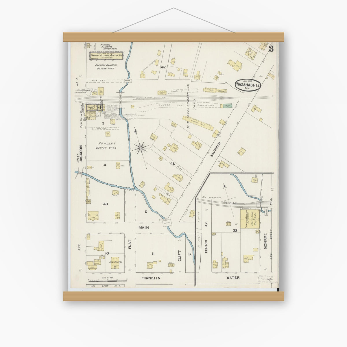 Old map wall art mockup — magnetic wood frame on white wall — Sanborn Fire Insurance Map from Waxahachie, Ellis County, Texas (1890), Sheet #0003