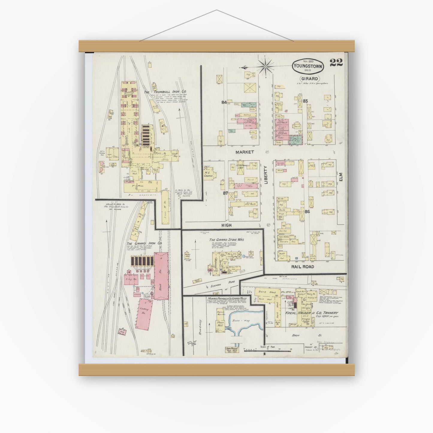 Old map wall art mockup — magnetic wood frame on white wall — Sanborn Fire Insurance Map from Youngstown, Mahoning County, Ohio (1889), Sheet #0022