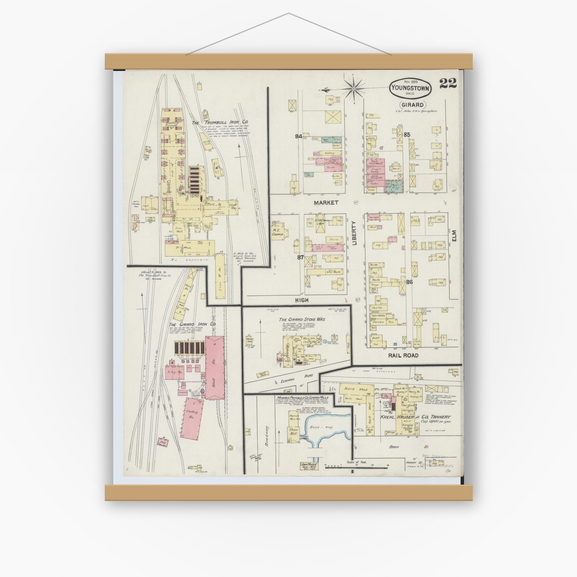 Old map wall art mockup — magnetic wood frame on white wall — Sanborn Fire Insurance Map from Youngstown, Mahoning County, Ohio (1889), Sheet #0022