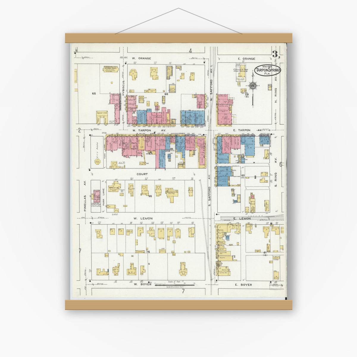 Old map wall art mockup — magnetic wood frame on white wall — Sanborn Fire Insurance Map from Tarpon Springs, Pinellas County, Florida (1919), Sheet #0003