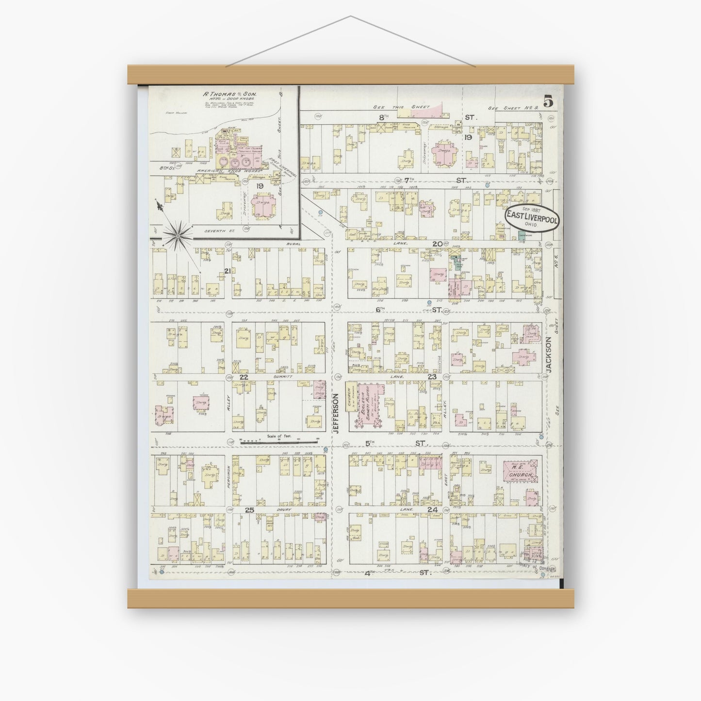 Old map wall art mockup — magnetic wood frame on white wall — Sanborn Fire Insurance Map from East Liverpool, Columbiana County, Ohio (1887), Sheet #0005
