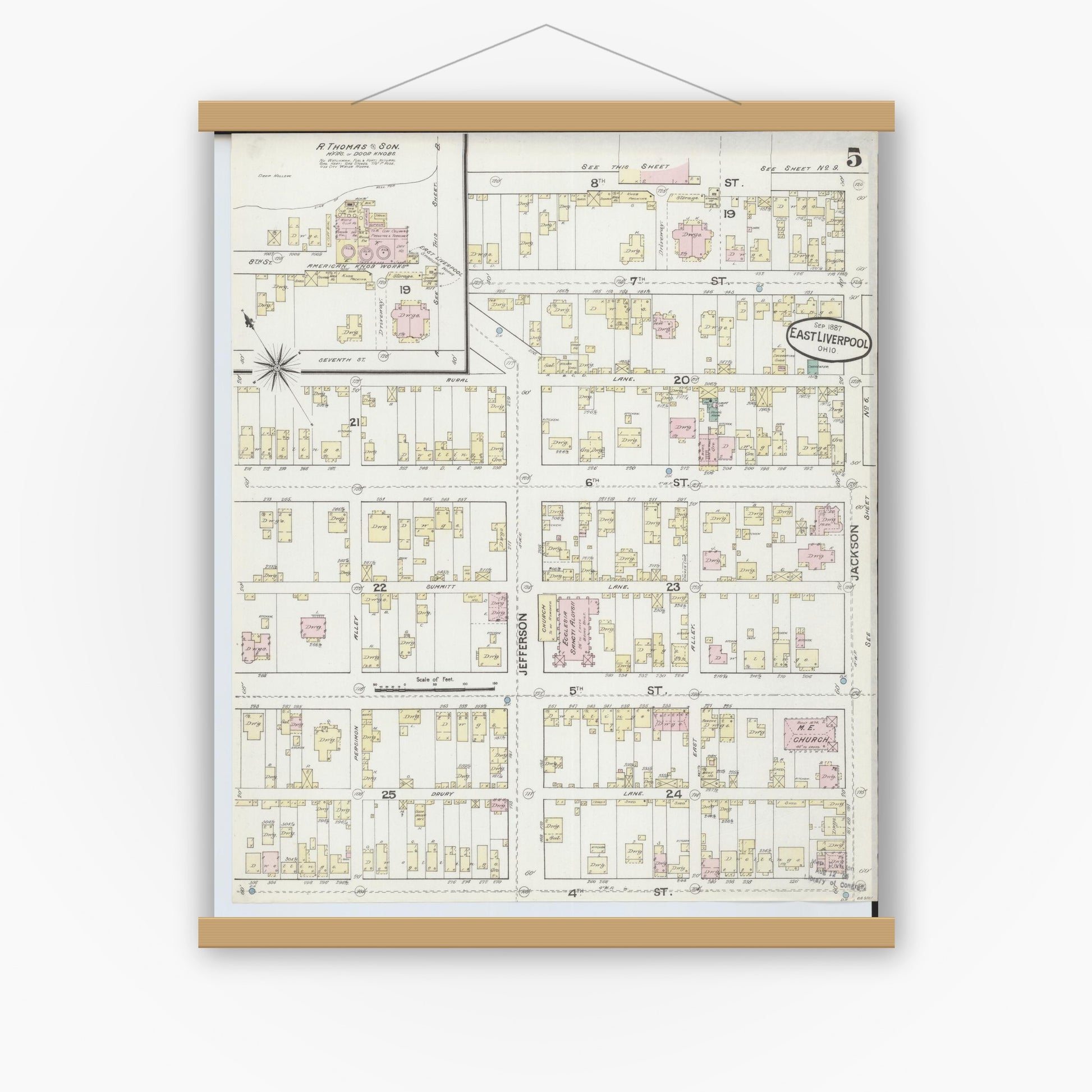 Old map wall art mockup — magnetic wood frame on white wall — Sanborn Fire Insurance Map from East Liverpool, Columbiana County, Ohio (1887), Sheet #0005