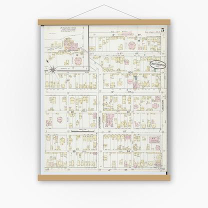 Old map wall art mockup — magnetic wood frame on white wall — Sanborn Fire Insurance Map from East Liverpool, Columbiana County, Ohio (1887), Sheet #0005