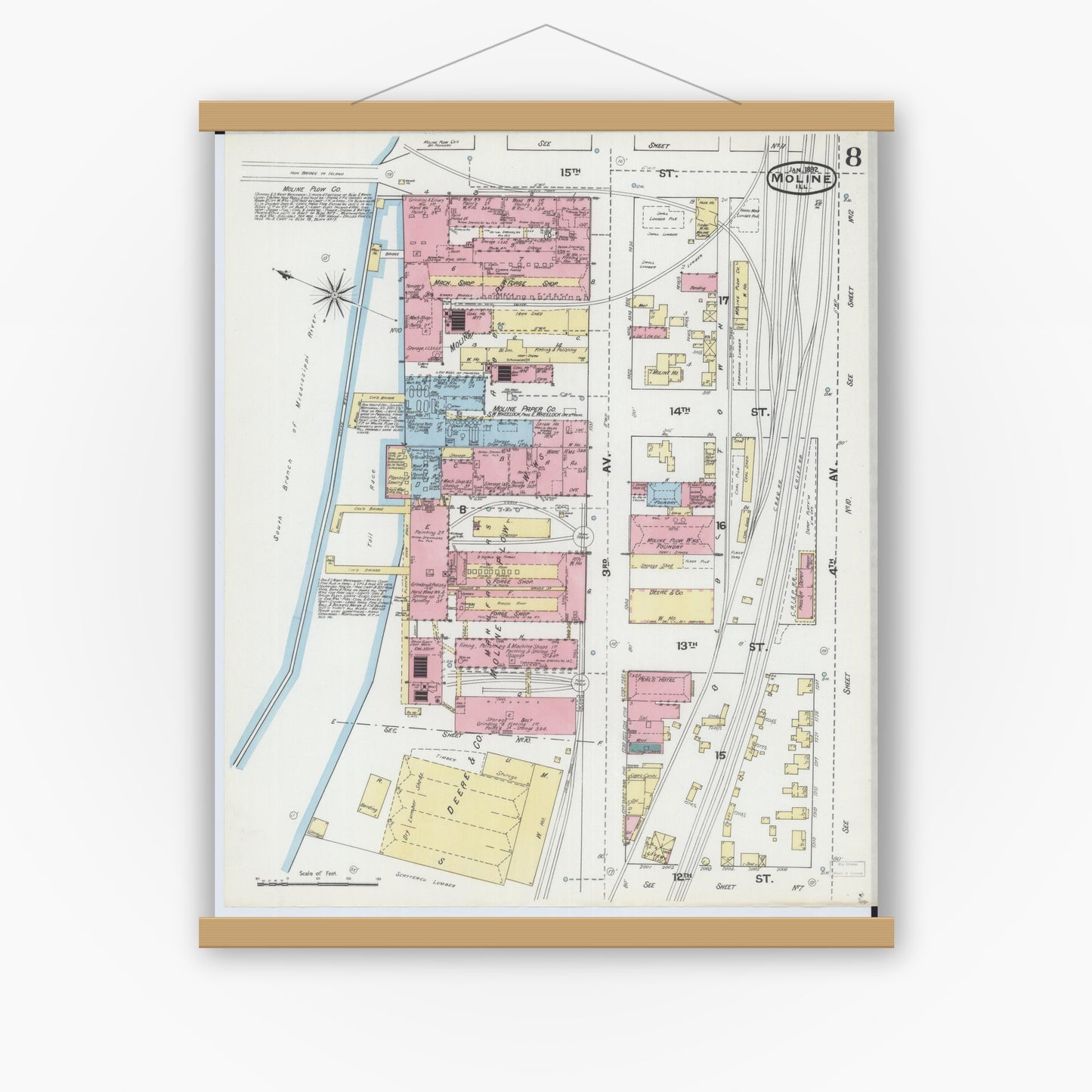Old map wall art mockup — magnetic wood frame on white wall — Sanborn Fire Insurance Map from Moline, Rock Island County, Illinois (1892), Sheet #0008