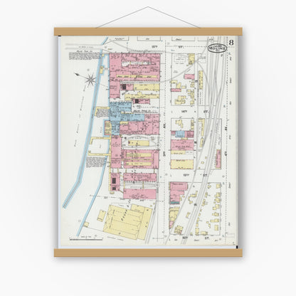 Old map wall art mockup — magnetic wood frame on white wall — Sanborn Fire Insurance Map from Moline, Rock Island County, Illinois (1892), Sheet #0008