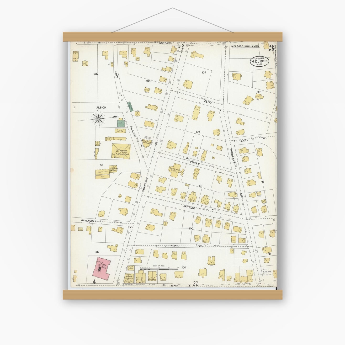 Old map wall art mockup — magnetic wood frame on white wall — Sanborn Fire Insurance Map from Melrose, Middlesex County, Massachusetts (1903), Sheet #0003