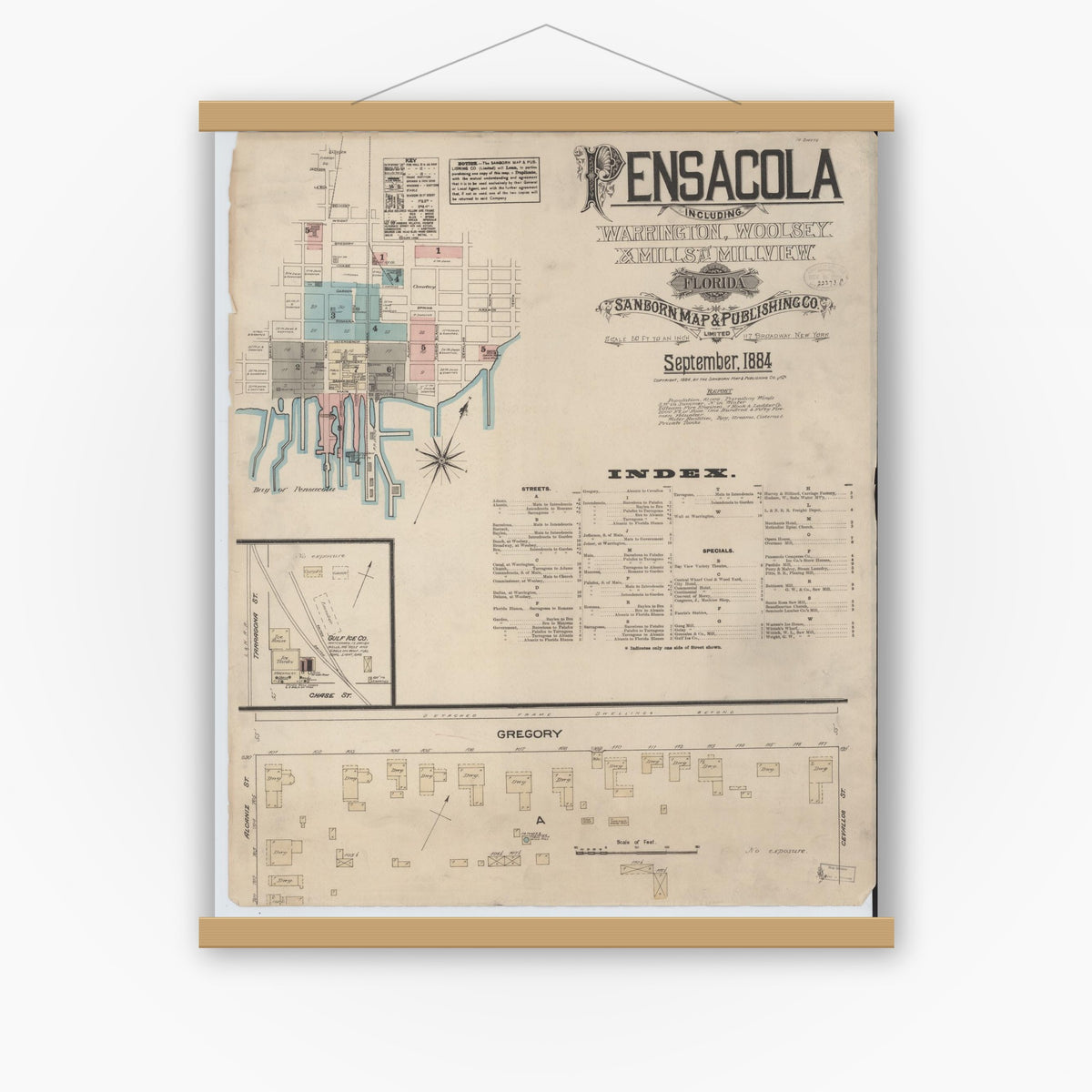 Old map wall art mockup — magnetic wood frame on white wall — Sanborn Fire Insurance Map from Pensacola, Escambia County, Florida (1884), Sheet #0001