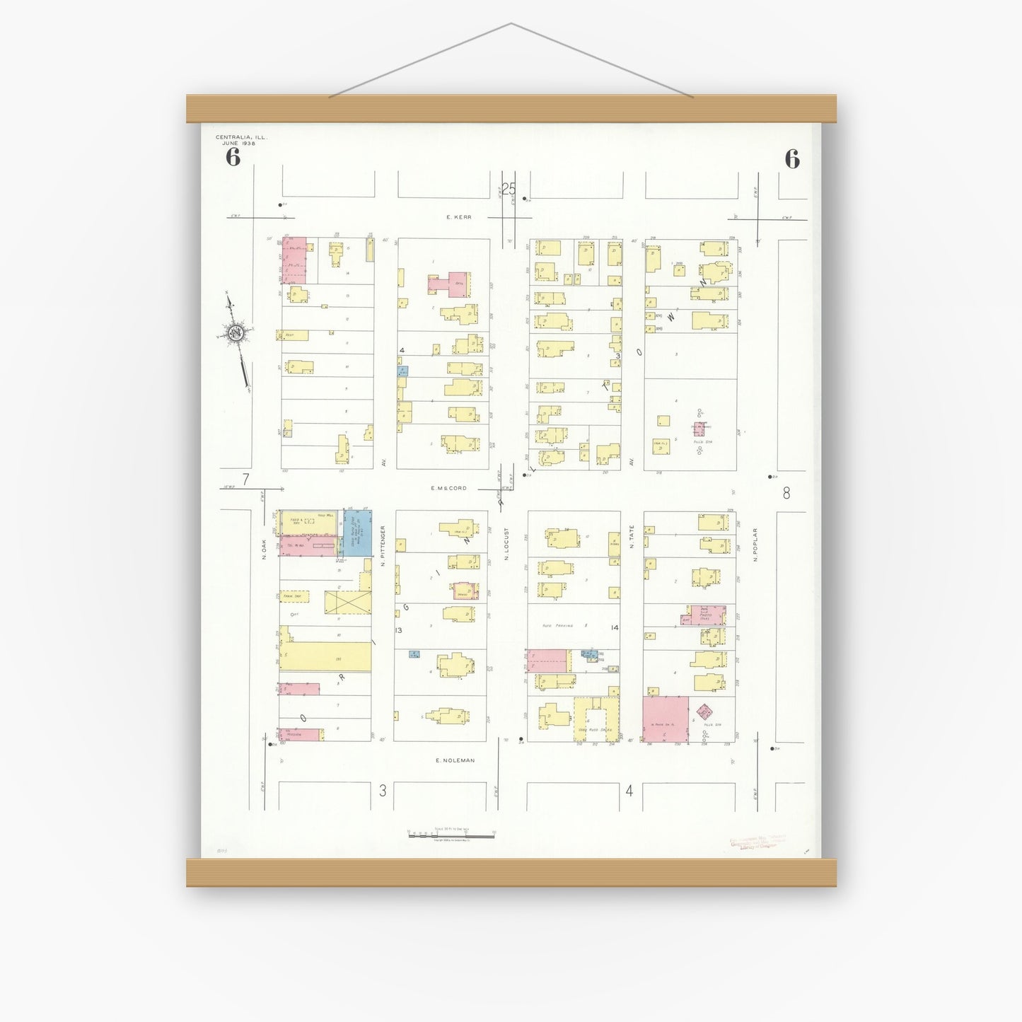 Old map wall art mockup — magnetic wood frame on white wall — Sanborn Fire Insurance Map from Centralia, Marion, Clinton, Jefferson, and Washington Counties, Illinois (1938), Sheet #0006