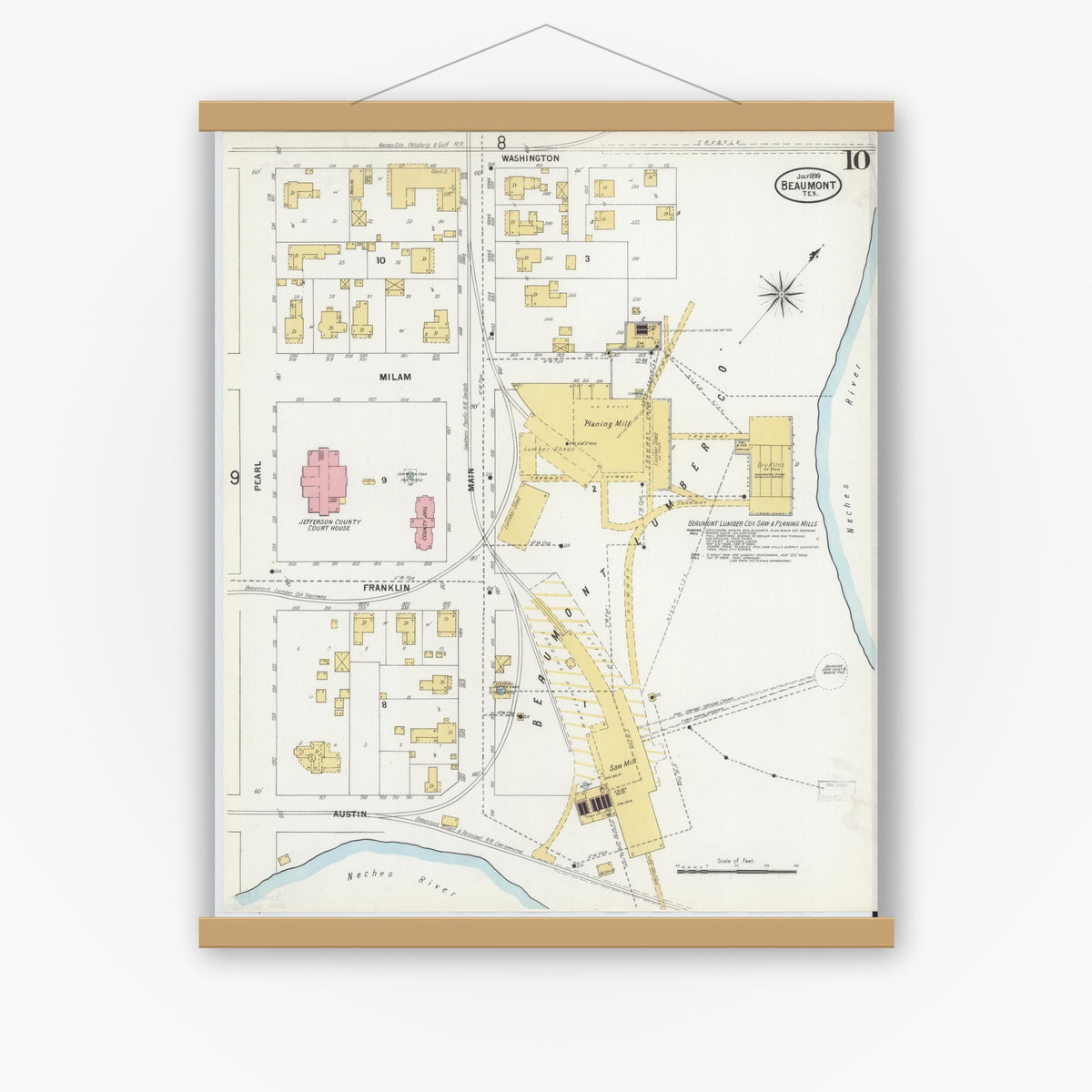 Old map wall art mockup — magnetic wood frame on white wall — Sanborn Fire Insurance Map from Beaumont, Jefferson County, Texas (1899), Sheet #0010