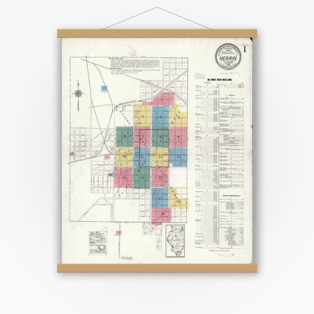 Old map wall art mockup — magnetic wood frame on white wall — Sanborn Fire Insurance Map from Herrin, Williamson County, Illinois (1922), Sheet #0001