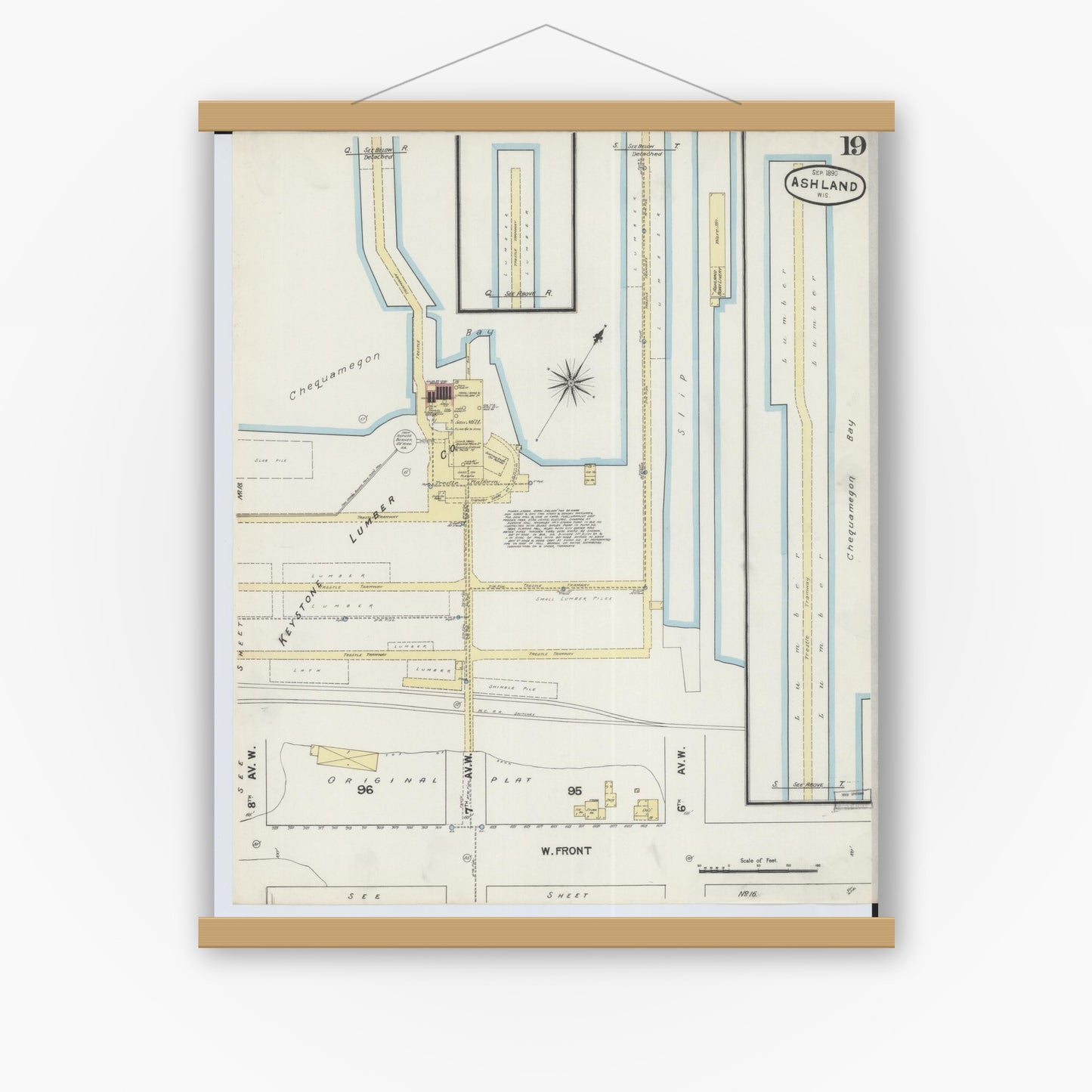 Old map wall art mockup — magnetic wood frame on white wall — Sanborn Fire Insurance Map from Ashland, Ashland County, Wisconsin (1890), Sheet #0019