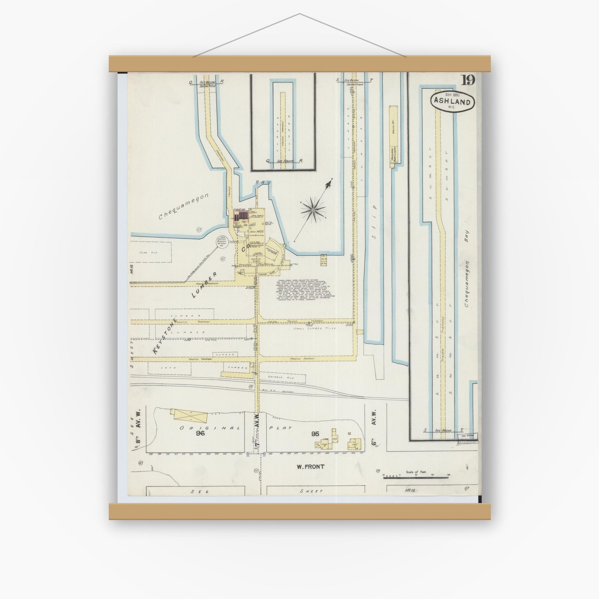 Old map wall art mockup — magnetic wood frame on white wall — Sanborn Fire Insurance Map from Ashland, Ashland County, Wisconsin (1890), Sheet #0019