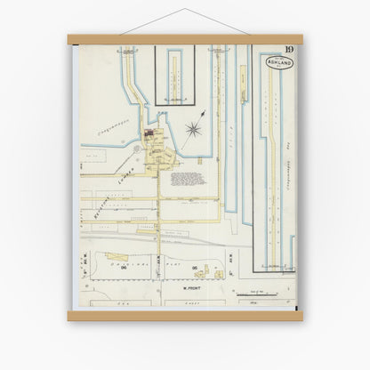 Old map wall art mockup — magnetic wood frame on white wall — Sanborn Fire Insurance Map from Ashland, Ashland County, Wisconsin (1890), Sheet #0019