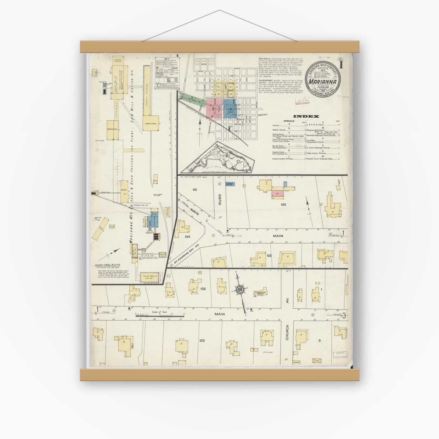 Old map wall art mockup — magnetic wood frame on white wall — Sanborn Fire Insurance Map from Marianna, Jackson County, Florida (1913) - Complete Map Set