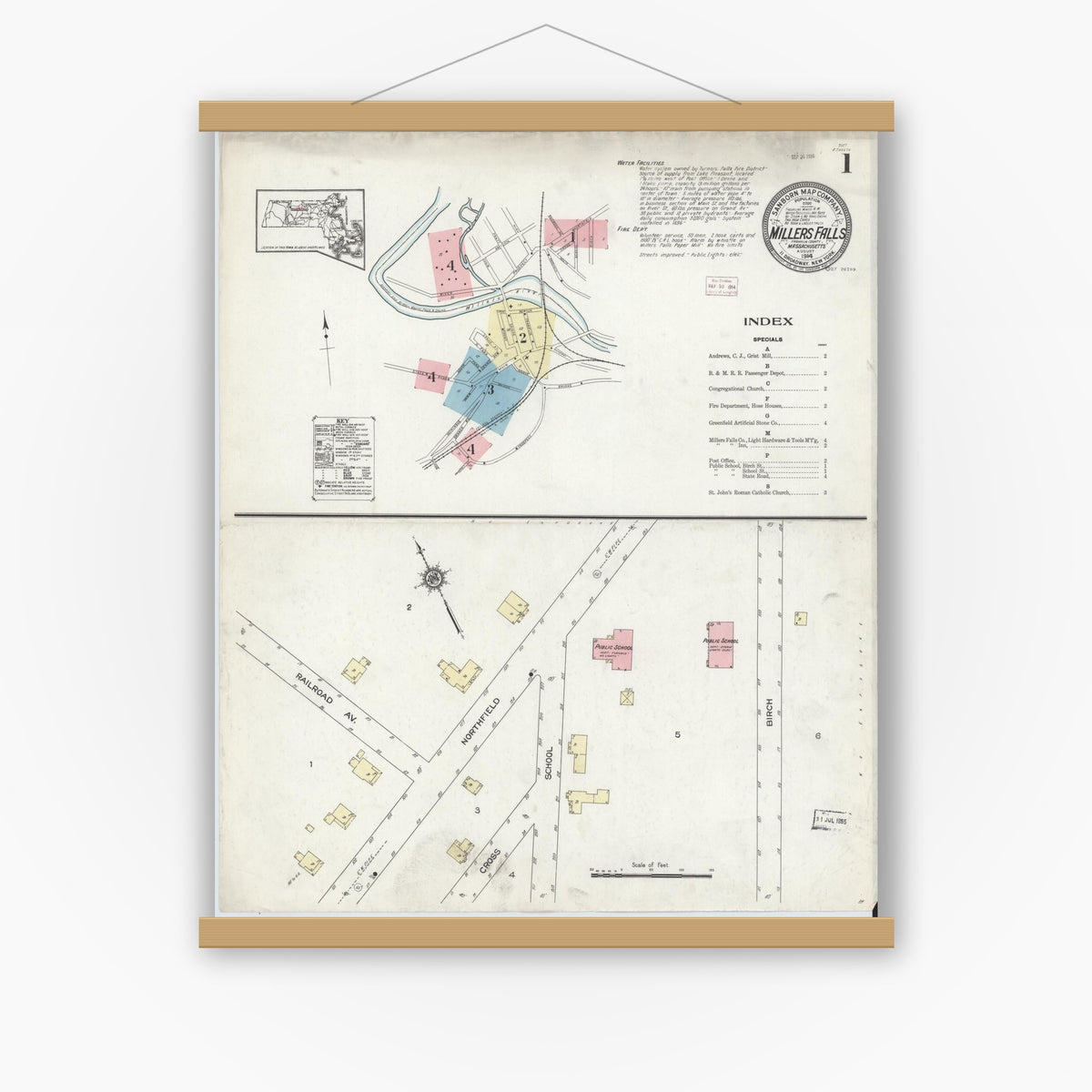 Old map wall art mockup — magnetic wood frame on white wall — Sanborn Fire Insurance Map from Millers Falls, Franklin County, Massachusetts (1914), Sheet #0001