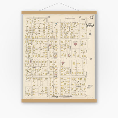 Old map wall art mockup — magnetic wood frame on white wall — Sanborn Fire Insurance Map from Gainesville, Cooke County, Texas (1922), Sheet #0022