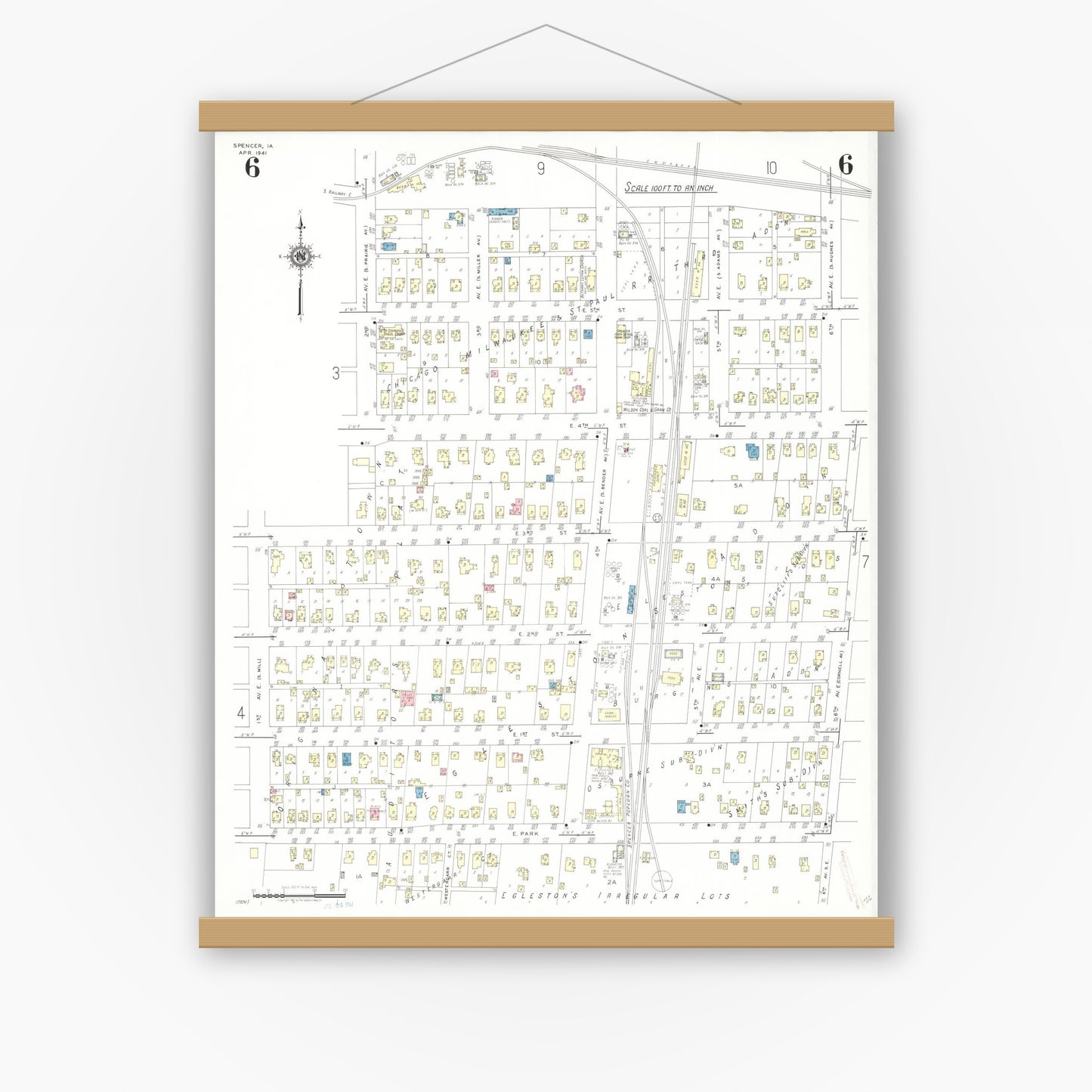 Old map wall art mockup — magnetic wood frame on white wall — Sanborn Fire Insurance Map from Spencer, Clay County, Iowa (1941), Sheet #0006