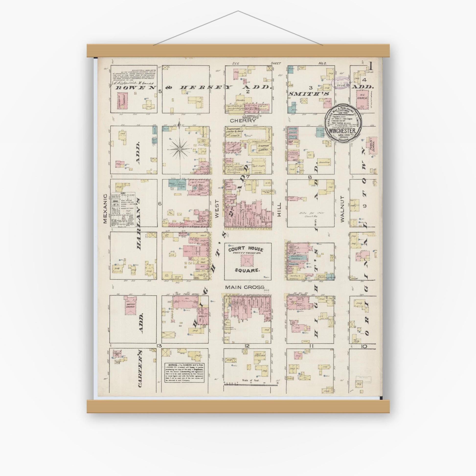 Old map wall art mockup — magnetic wood frame on white wall — Sanborn Fire Insurance Map from Winchester, Scott County, Illinois (1885) - Complete Map Set