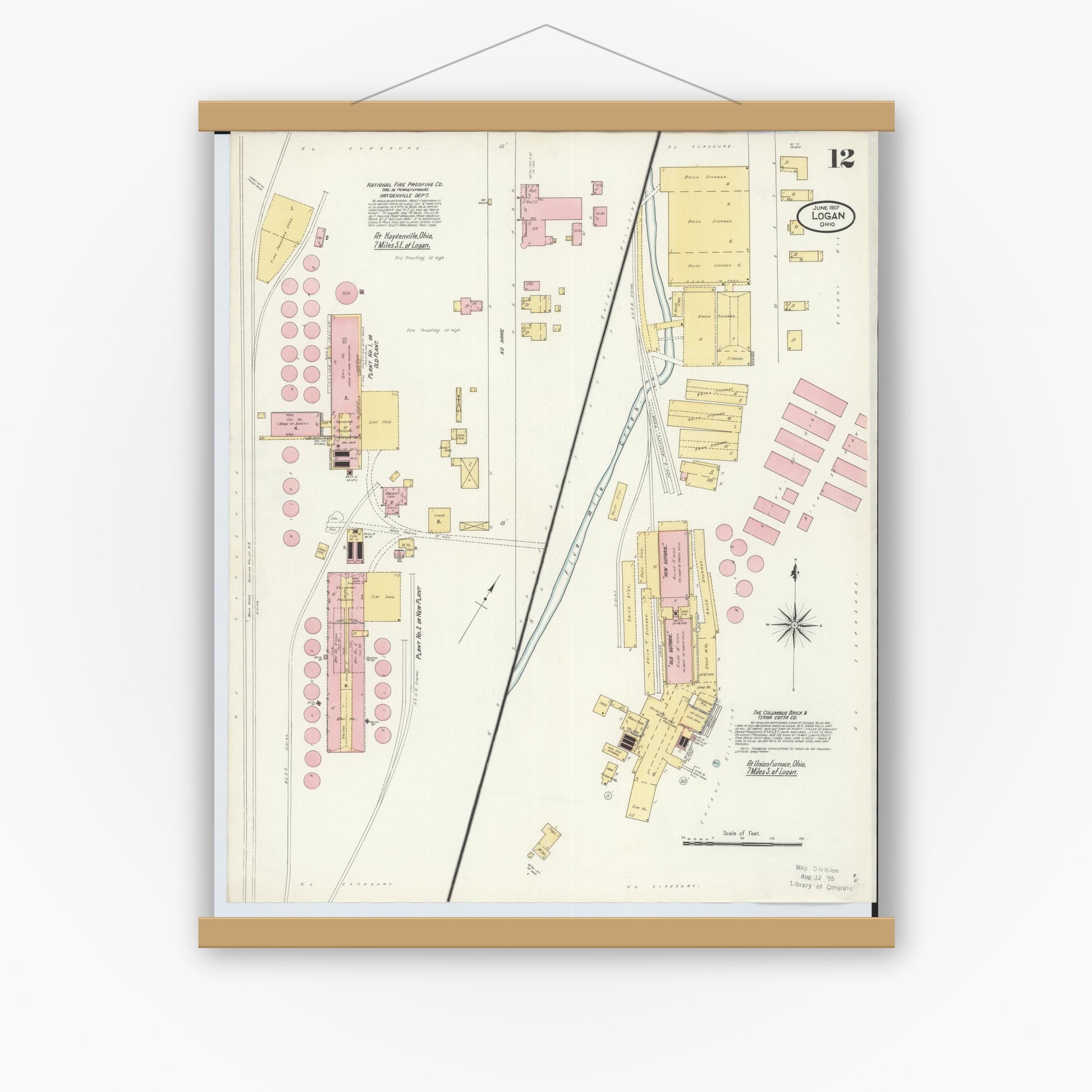 Old map wall art mockup — magnetic wood frame on white wall — Sanborn Fire Insurance Map from Logan, Hocking County, Ohio (1907), Sheet #0012