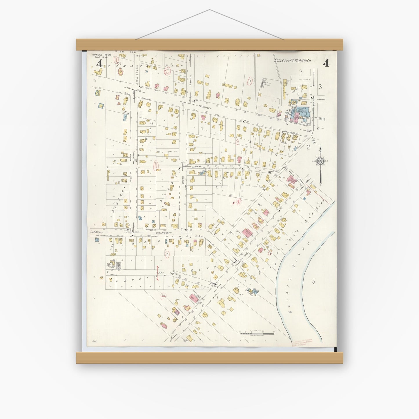 Old map wall art mockup — magnetic wood frame on white wall — Sanborn Fire Insurance Map from Dundee, Monroe County, Michigan (1949), Sheet #0004