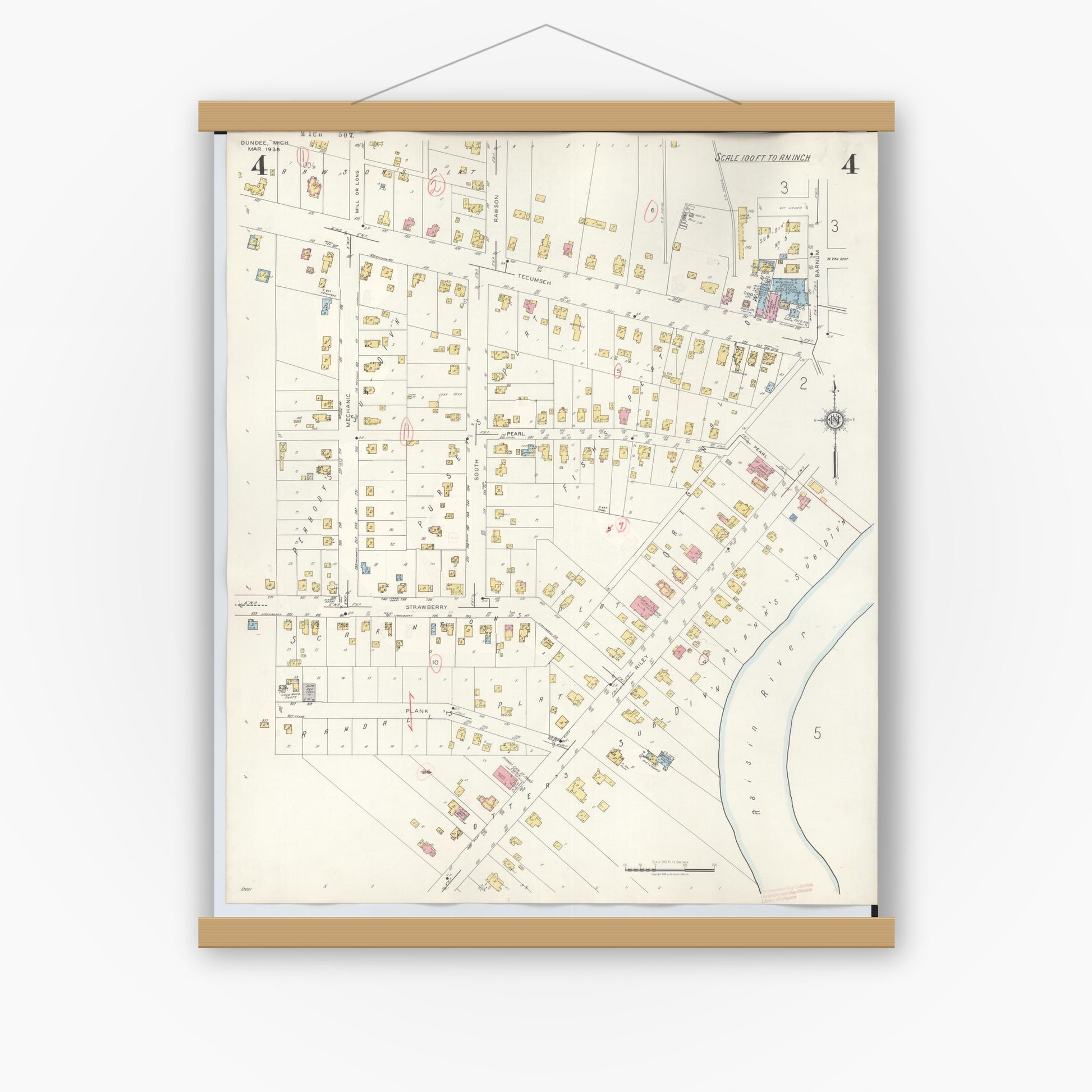 Old map wall art mockup — magnetic wood frame on white wall — Sanborn Fire Insurance Map from Dundee, Monroe County, Michigan (1949), Sheet #0004