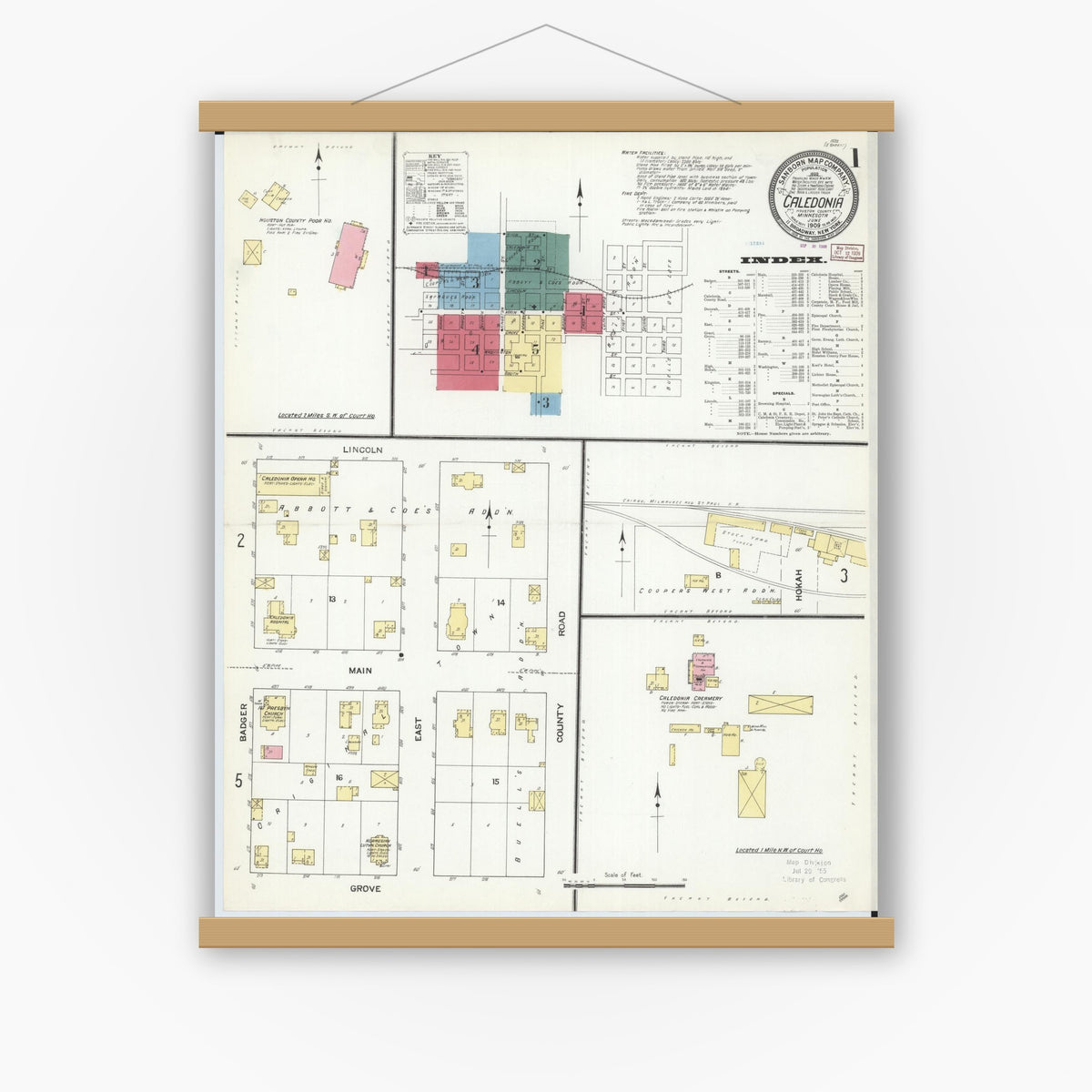 Old map wall art mockup — magnetic wood frame on white wall — Sanborn Fire Insurance Map from Caledonia, Houston County, Minnesota (1909) - Complete Map Set