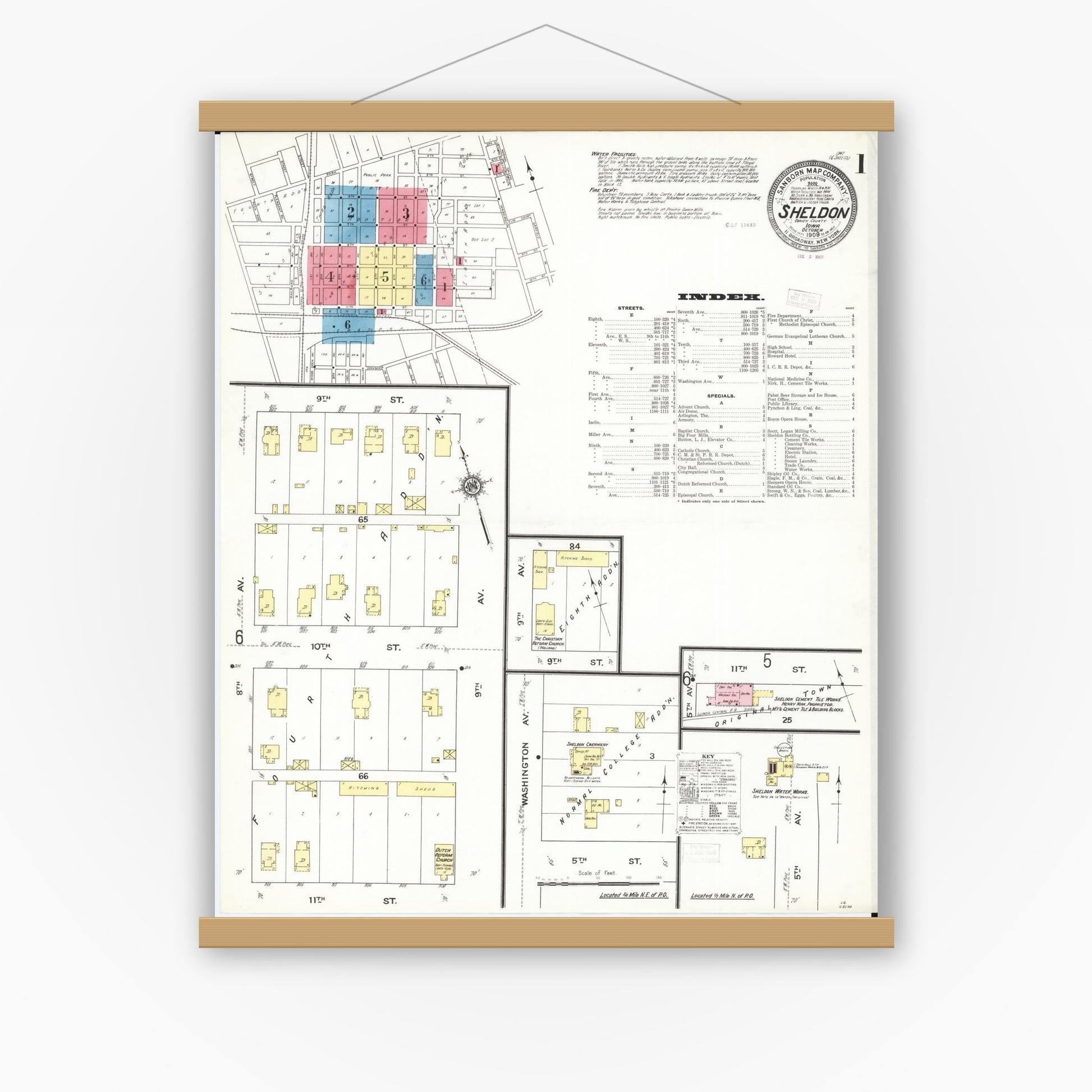 Old map wall art mockup — magnetic wood frame on white wall — Sanborn Fire Insurance Map from Sheldon, O'Brien County, Iowa (1909), Sheet #0001
