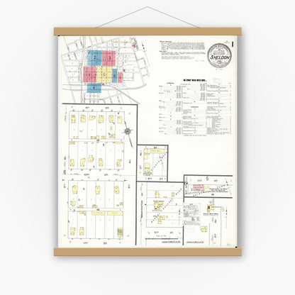 Old map wall art mockup — magnetic wood frame on white wall — Sanborn Fire Insurance Map from Sheldon, O'Brien County, Iowa (1909), Sheet #0001