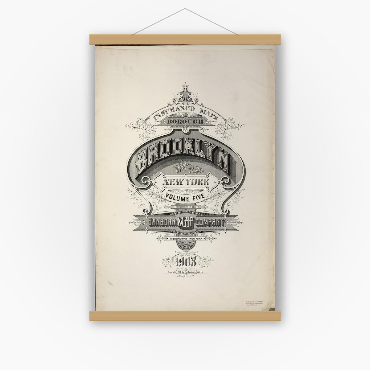 Old map wall art mockup — magnetic wood frame on white wall — Sanborn Fire Insurance Map from Brooklyn, Kings County, New York (1908), Sheet #0001
