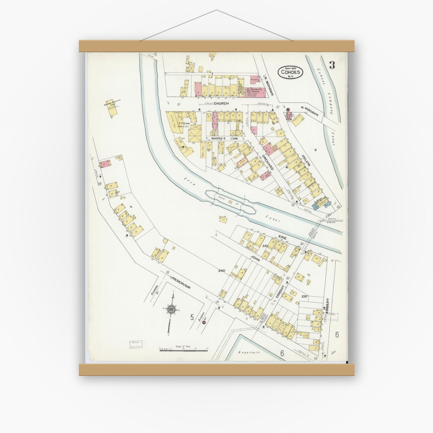 Old map wall art mockup — magnetic wood frame on white wall — Sanborn Fire Insurance Map from Cohoes, Albany County, New York (1910), Sheet #0003