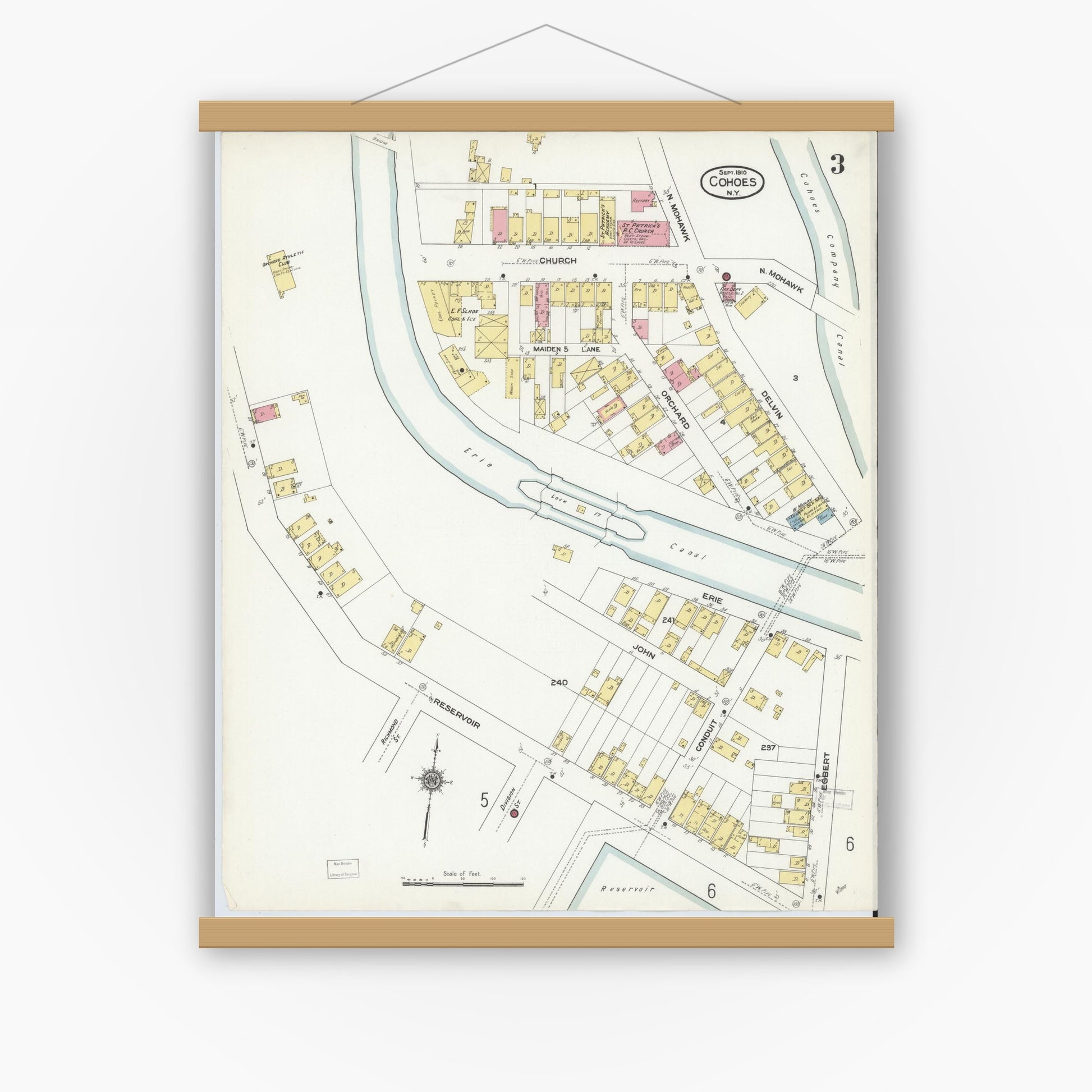 Old map wall art mockup — magnetic wood frame on white wall — Sanborn Fire Insurance Map from Cohoes, Albany County, New York (1910), Sheet #0003