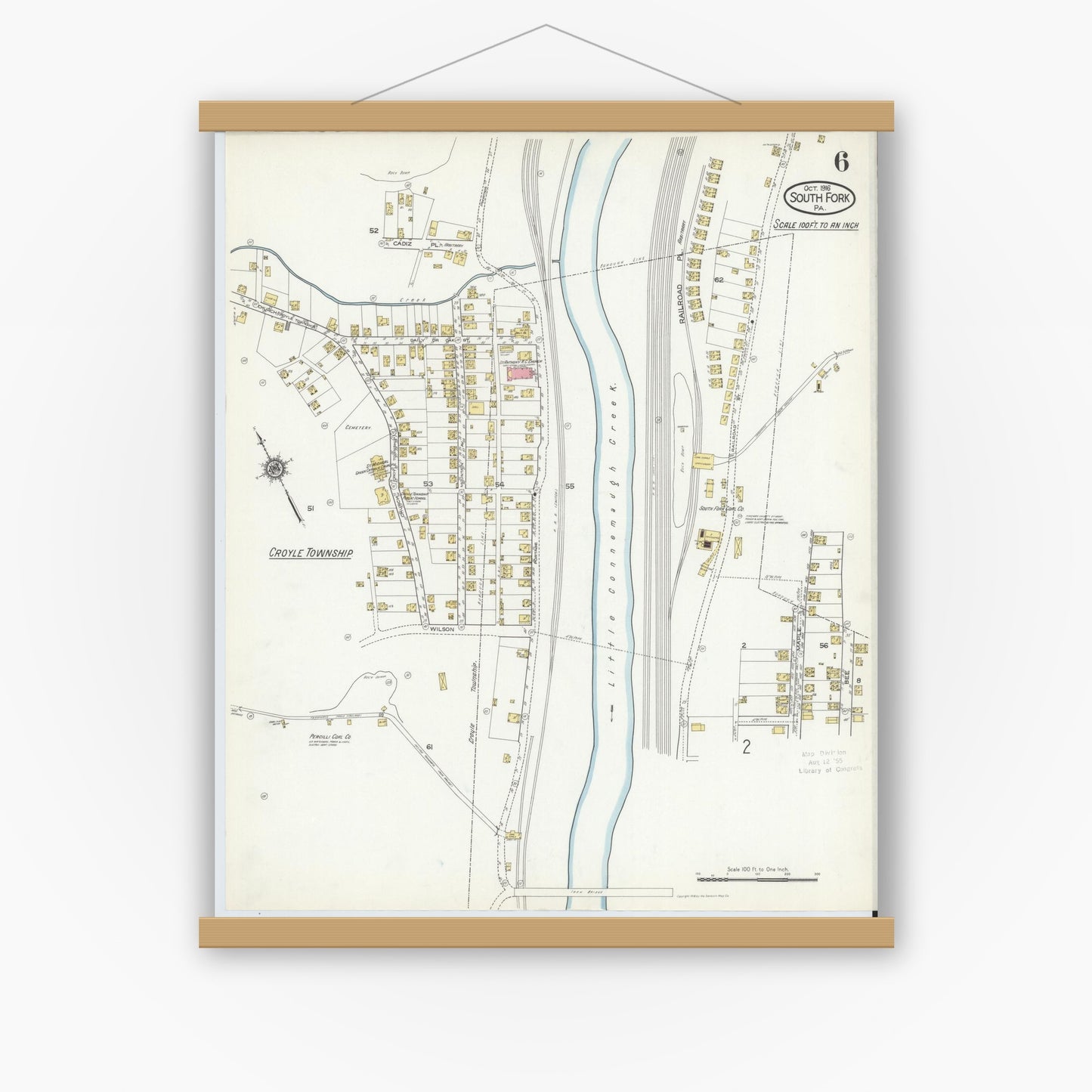 Old map wall art mockup — magnetic wood frame on white wall — Sanborn Fire Insurance Map from South Fork, Cambria County, Pennsylvania (1916), Sheet #0006