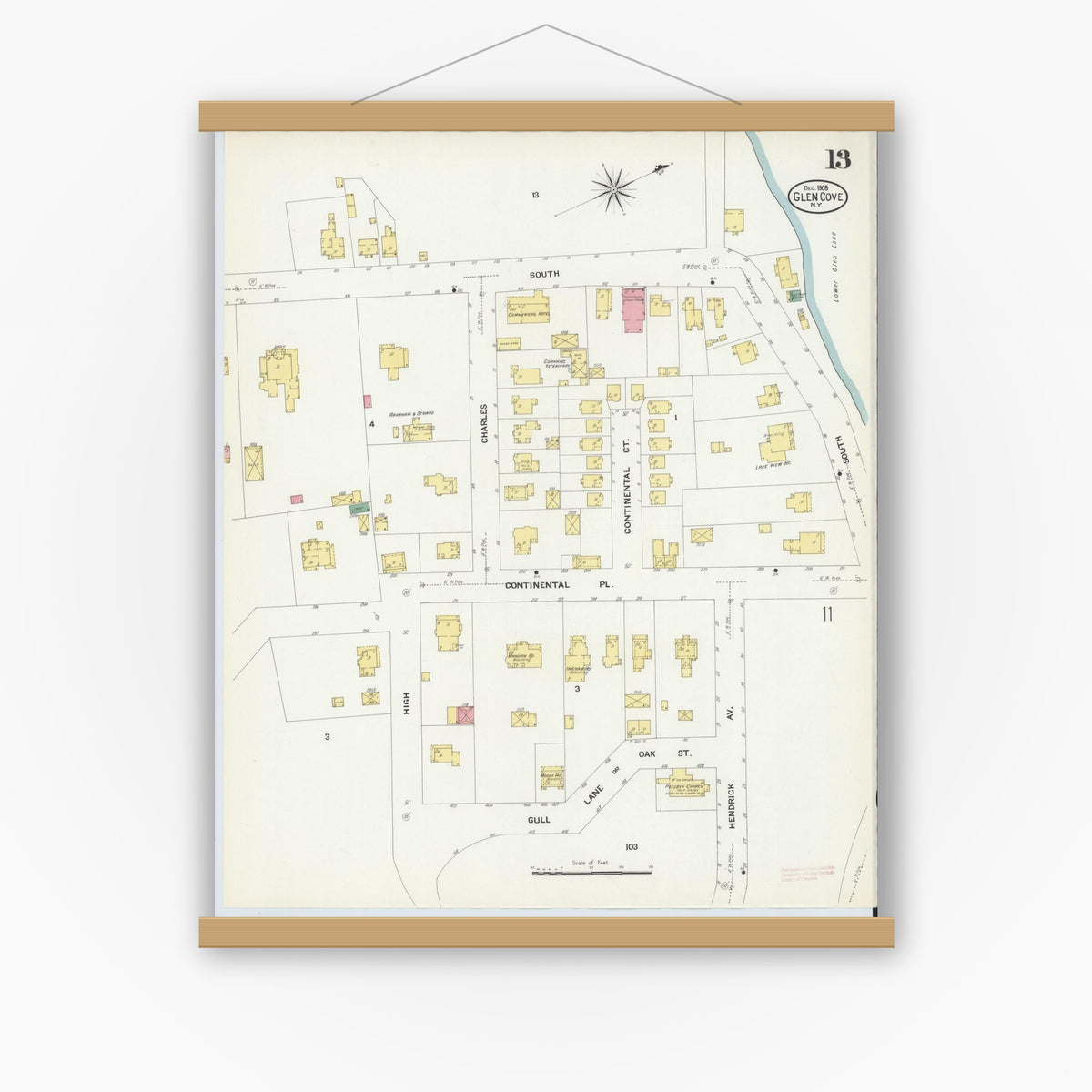 Old map wall art mockup — magnetic wood frame on white wall — Sanborn Fire Insurance Map from Glen Cove, Nassau County, New York (1908), Sheet #0013