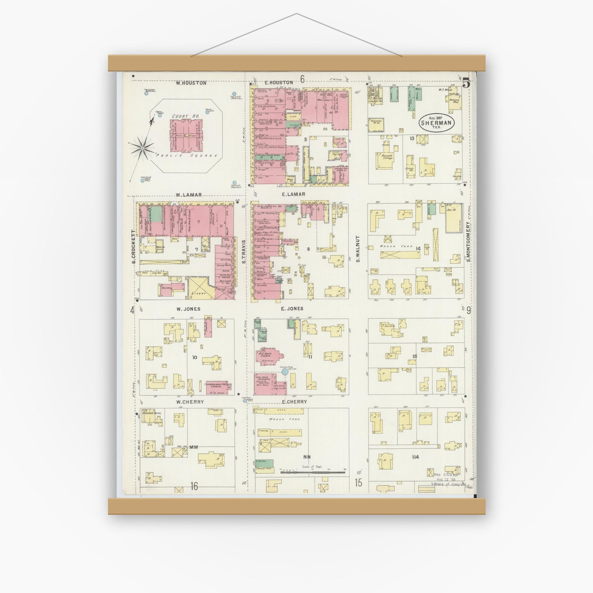 Old map wall art mockup — magnetic wood frame on white wall — Sanborn Fire Insurance Map from Sherman, Grayson County, Texas (1897), Sheet #0005