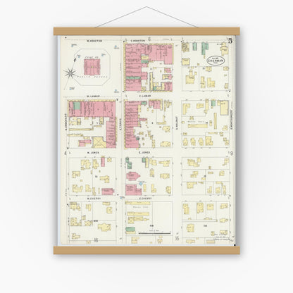 Old map wall art mockup — magnetic wood frame on white wall — Sanborn Fire Insurance Map from Sherman, Grayson County, Texas (1897), Sheet #0005