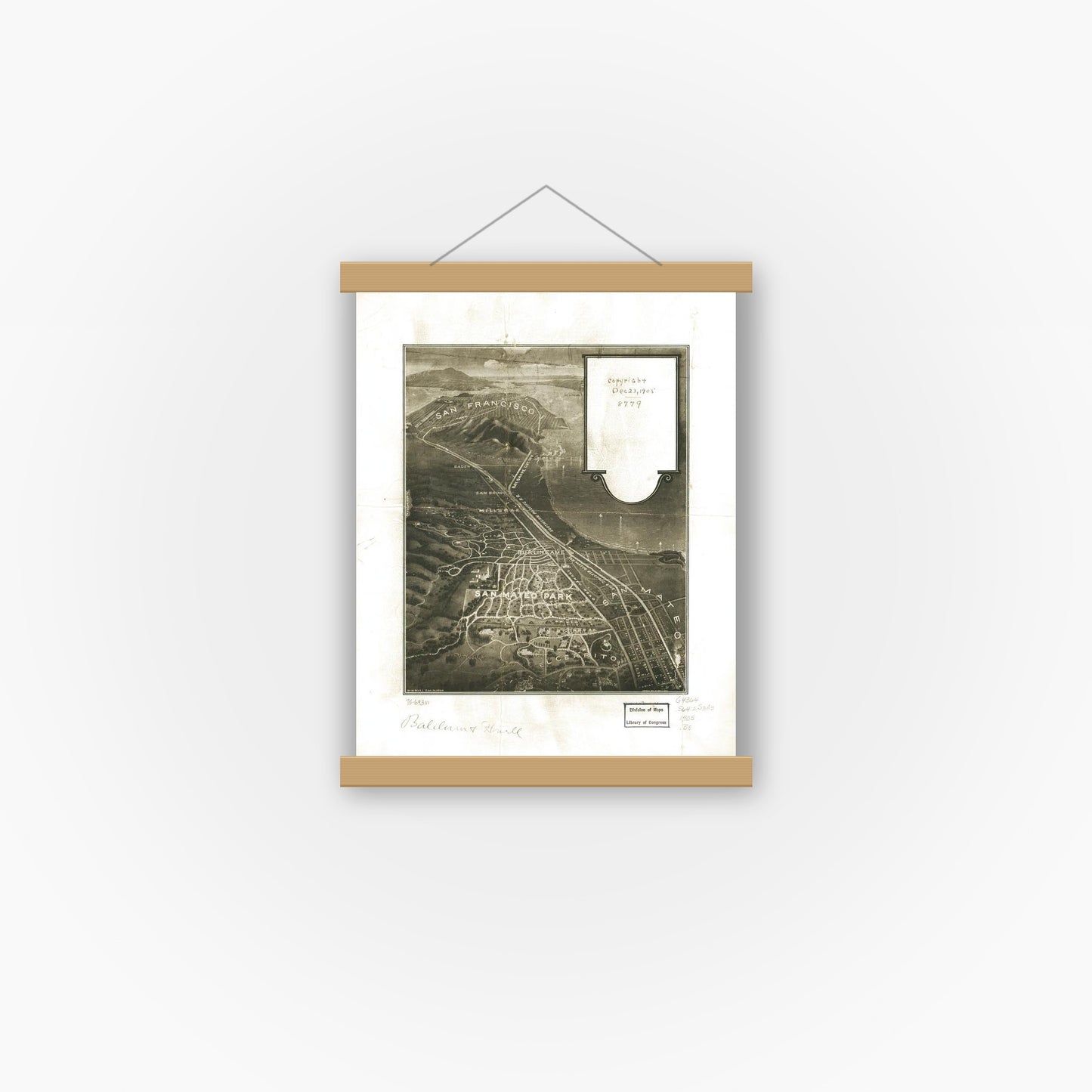 Old map wall art mockup — magnetic wood frame on white wall — [San Mateo Park. (1905)