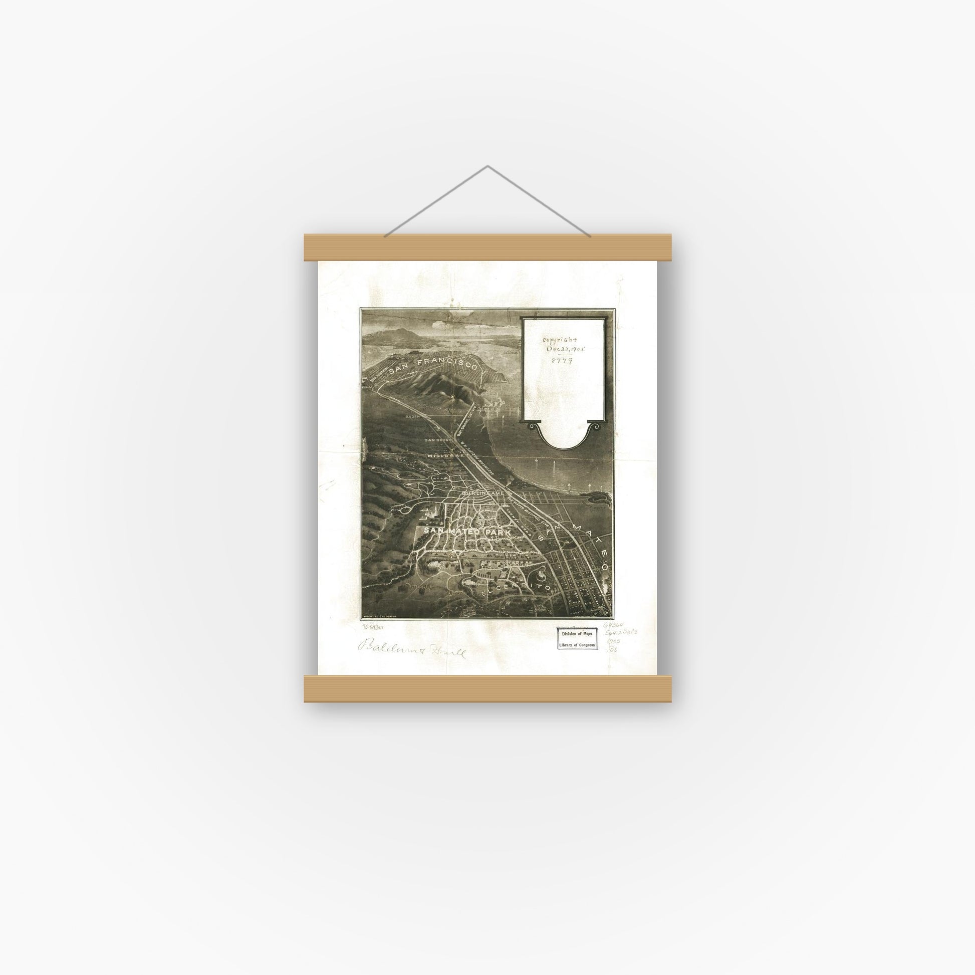 Old map wall art mockup — magnetic wood frame on white wall — [San Mateo Park. (1905)