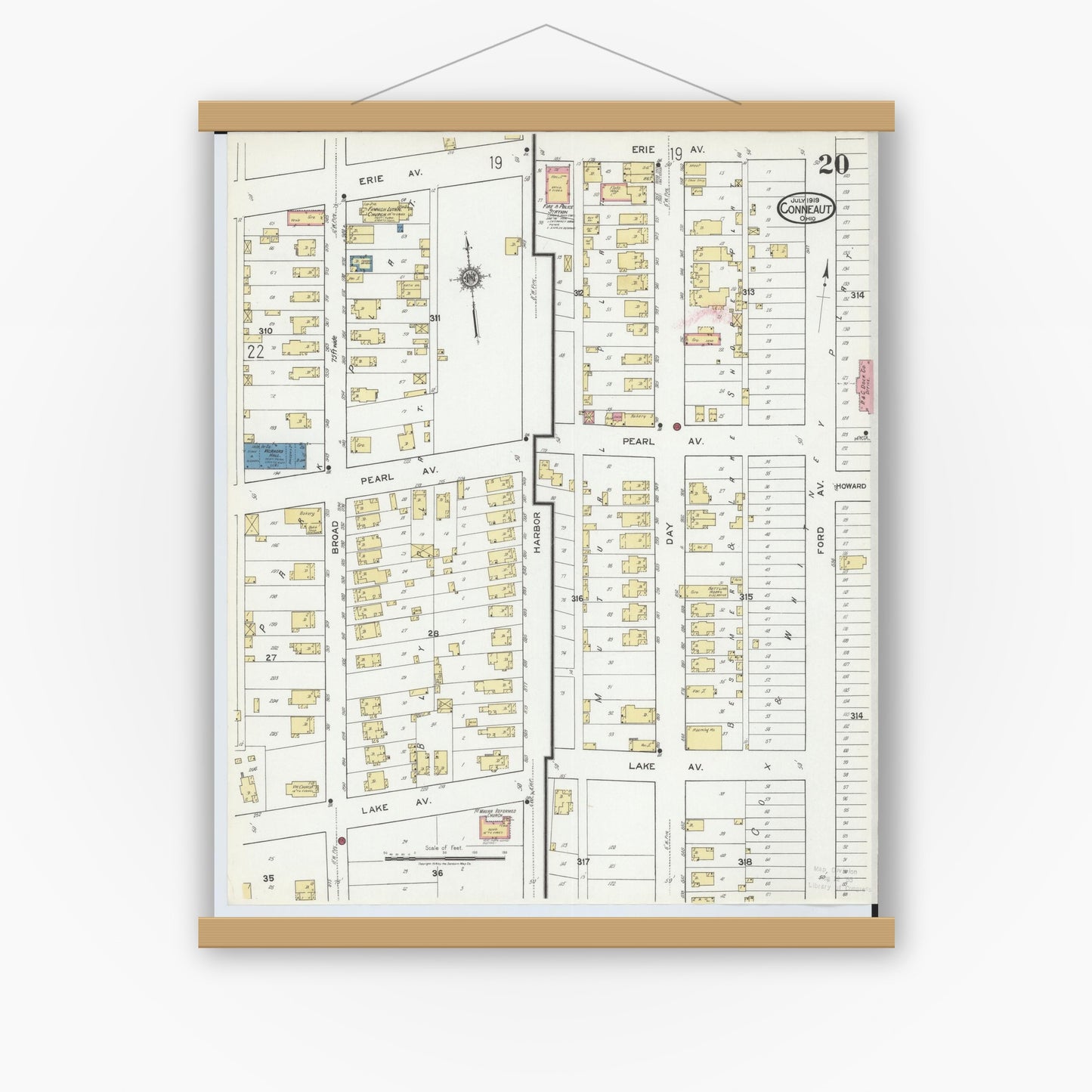 Old map wall art mockup — magnetic wood frame on white wall — Sanborn Fire Insurance Map from Conneaut, Ashtabula County, Ohio (1919), Sheet #0020