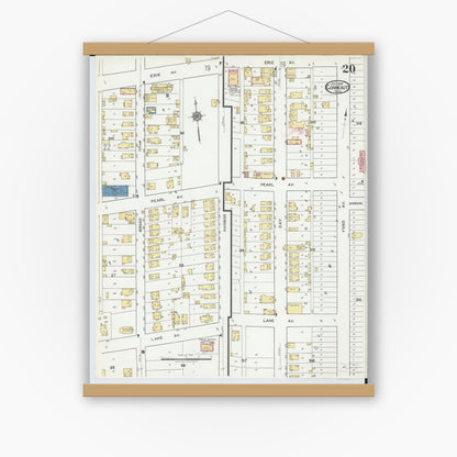 Old map wall art mockup — magnetic wood frame on white wall — Sanborn Fire Insurance Map from Conneaut, Ashtabula County, Ohio (1919), Sheet #0020