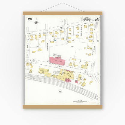 Old map wall art mockup — magnetic wood frame on white wall — Sanborn Fire Insurance Map from Gardner, Worcester County, Massachusetts (1923), Sheet #0026