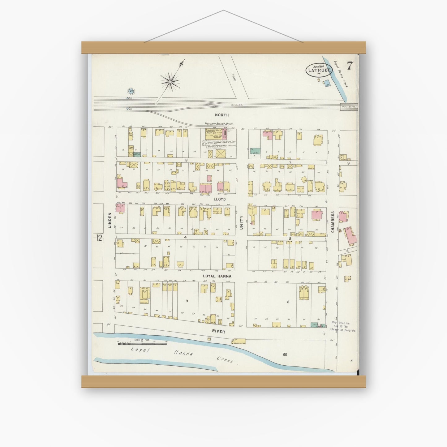 Old map wall art mockup — magnetic wood frame on white wall — Sanborn Fire Insurance Map from Latrobe, Westmoreland County, Pennsylvania (1897), Sheet #0007