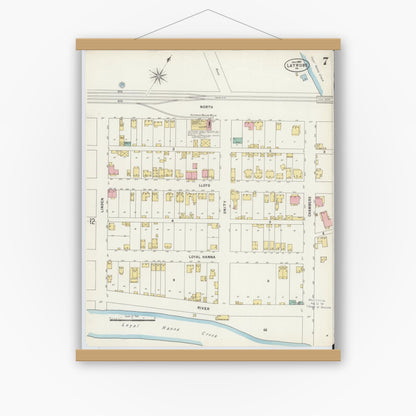Old map wall art mockup — magnetic wood frame on white wall — Sanborn Fire Insurance Map from Latrobe, Westmoreland County, Pennsylvania (1897), Sheet #0007